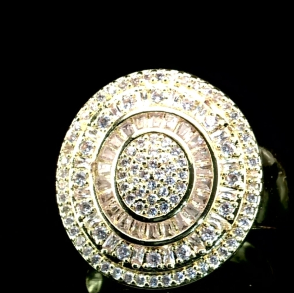 Unisex Simulated Diamond Italian Medallion Ring Goldtone Brass - Picture 3 of 9